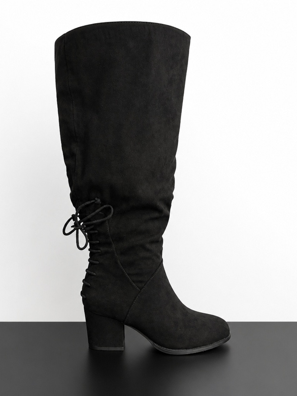 Journee Leeda Black Suede Over-The-Knee Lace-Back Block Heel Boots 8.5 Xtra Wide